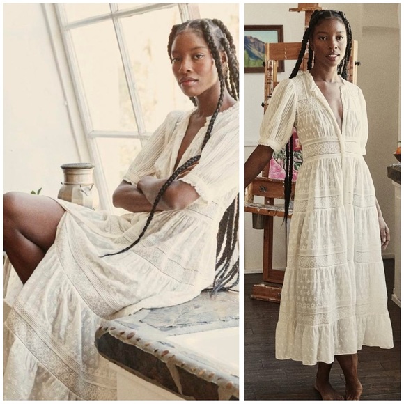 Doen Dresses & Skirts - Sold Doen Rolande Tiered Embroidered Organic Cotton-Voile Midi Dress in Salt